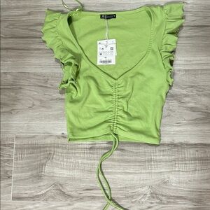 Zara Lime Green Ruched Ruffle Blouse size M